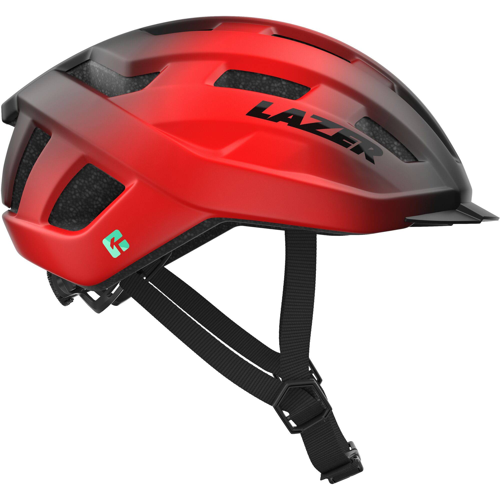 Lazer Codax KinetiCore helmet with adjustable fit, integrated visor, and compatible LED light, shown in a cycling gear image.