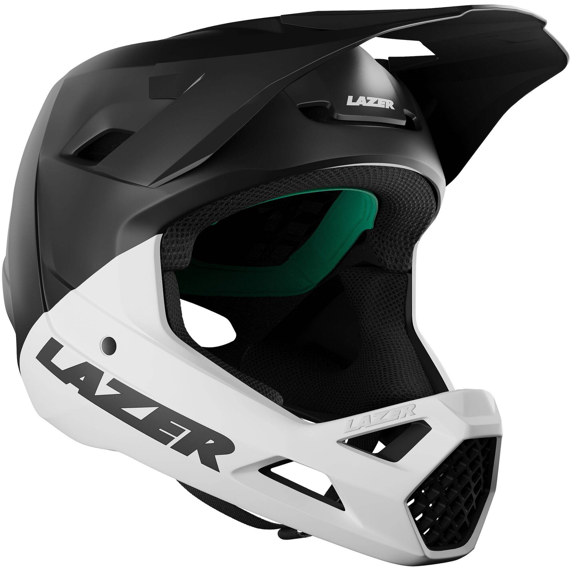 Lazer Chase KinetiCore full face helmet for downhill mountain biking safety, showing the black helmet with ventilation.