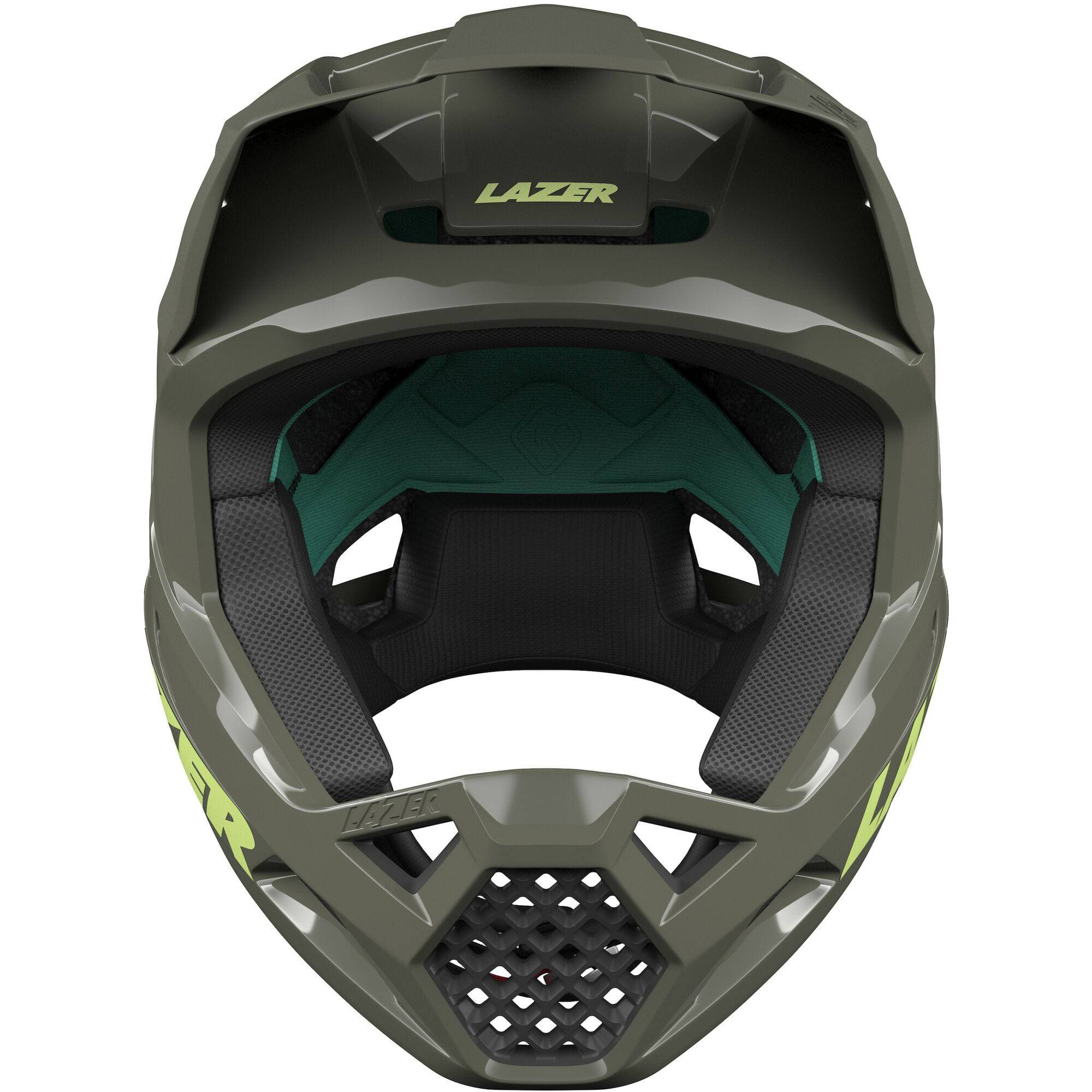 Lazer Chase KinetiCore full face helmet for downhill mountain biking safety, with adjustable straps and ventilation holes.