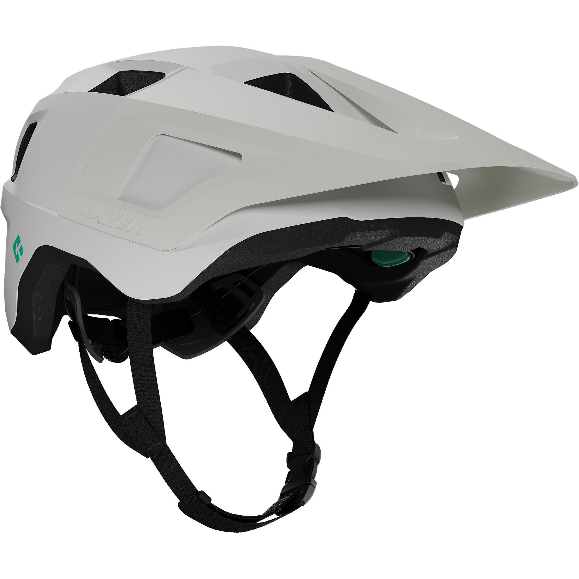 Lazer Finch KinetiCore trail helmet with TurnSys fit system and LED compatibility, shown from the side with ventilation details.