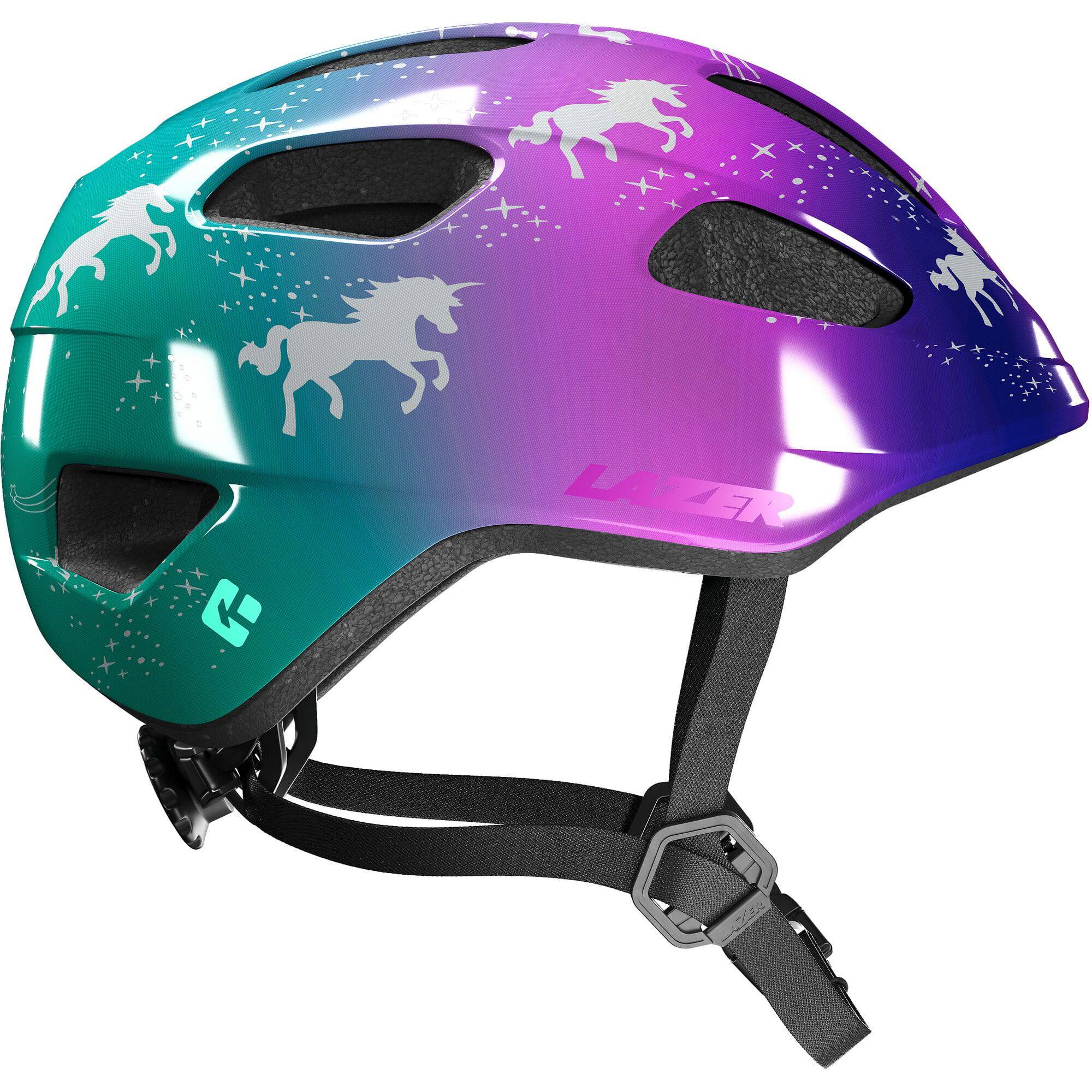 Lazer NutZ 2.0 KinetiCore kids helmet showing turnfit system, insect net, and vibrant red and black design.
