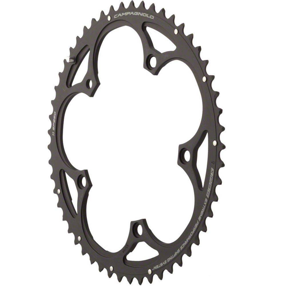 Campagnolo S-Rec 11x 52T outer chainring for 135 road bike drivetrains, close-up of black aluminum gear component.