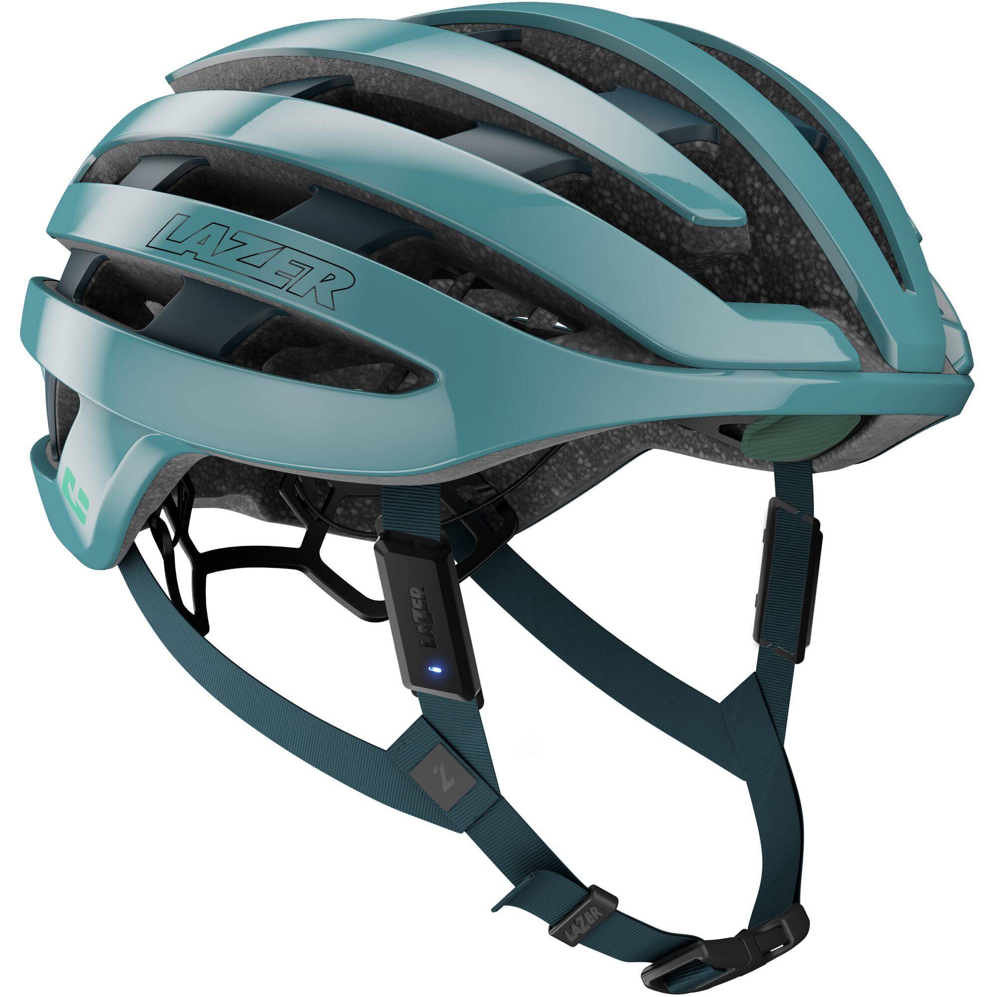 Lazer VeloVox on-bike communication device helmet with Cardo hands-free audio system, showing the helmet and integrated audio controls.