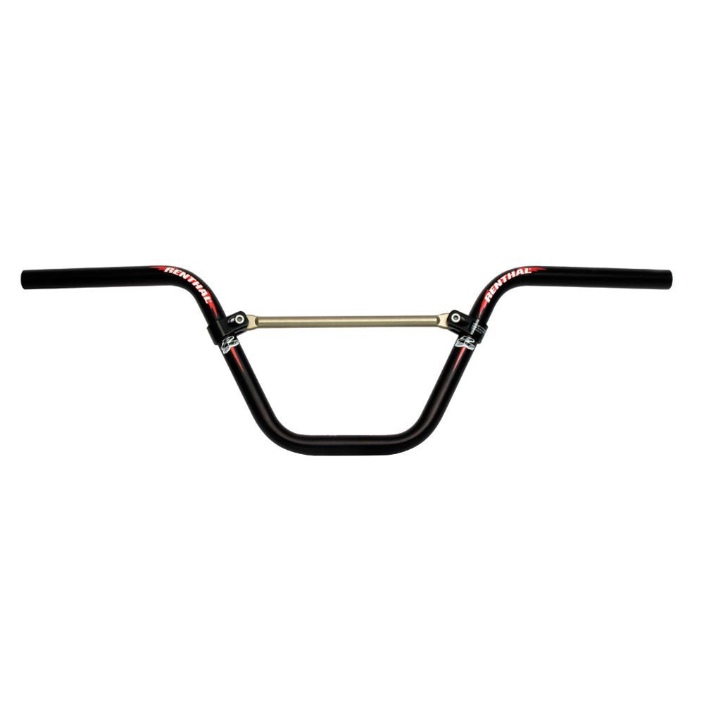 Renthal Moto BMX race handlebar with X brace for precision control, showcasing sleek black metal construction and ergonomic grip design.
