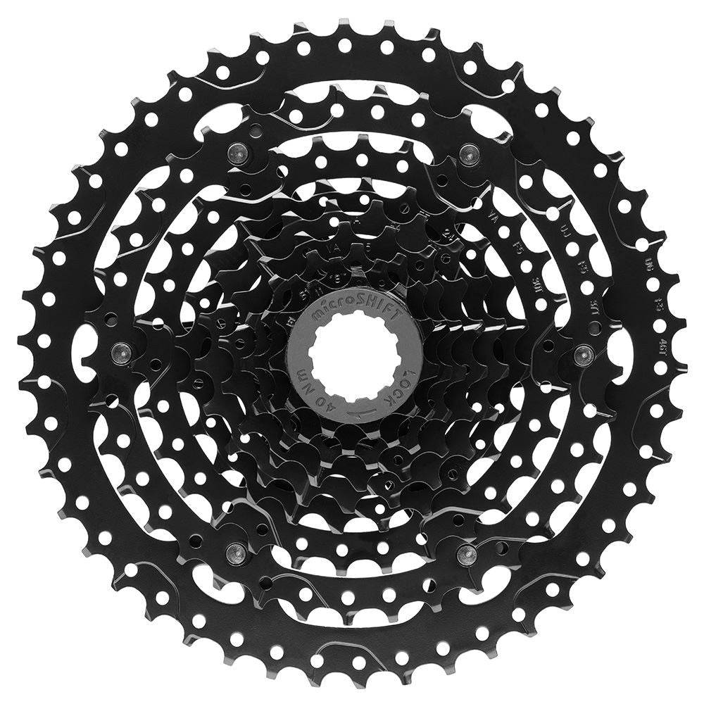 MicroSHIFT Advent H-Series 9-speed MTB and e-bike cassette with HG hub compatibility, featuring stainless steel sprockets.