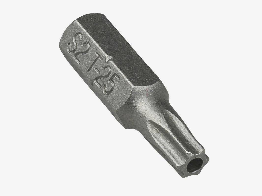 Trek T25 Security Bit Grey, precision T25 Torx tool for power tools and bike maintenance, in a workshop setting.