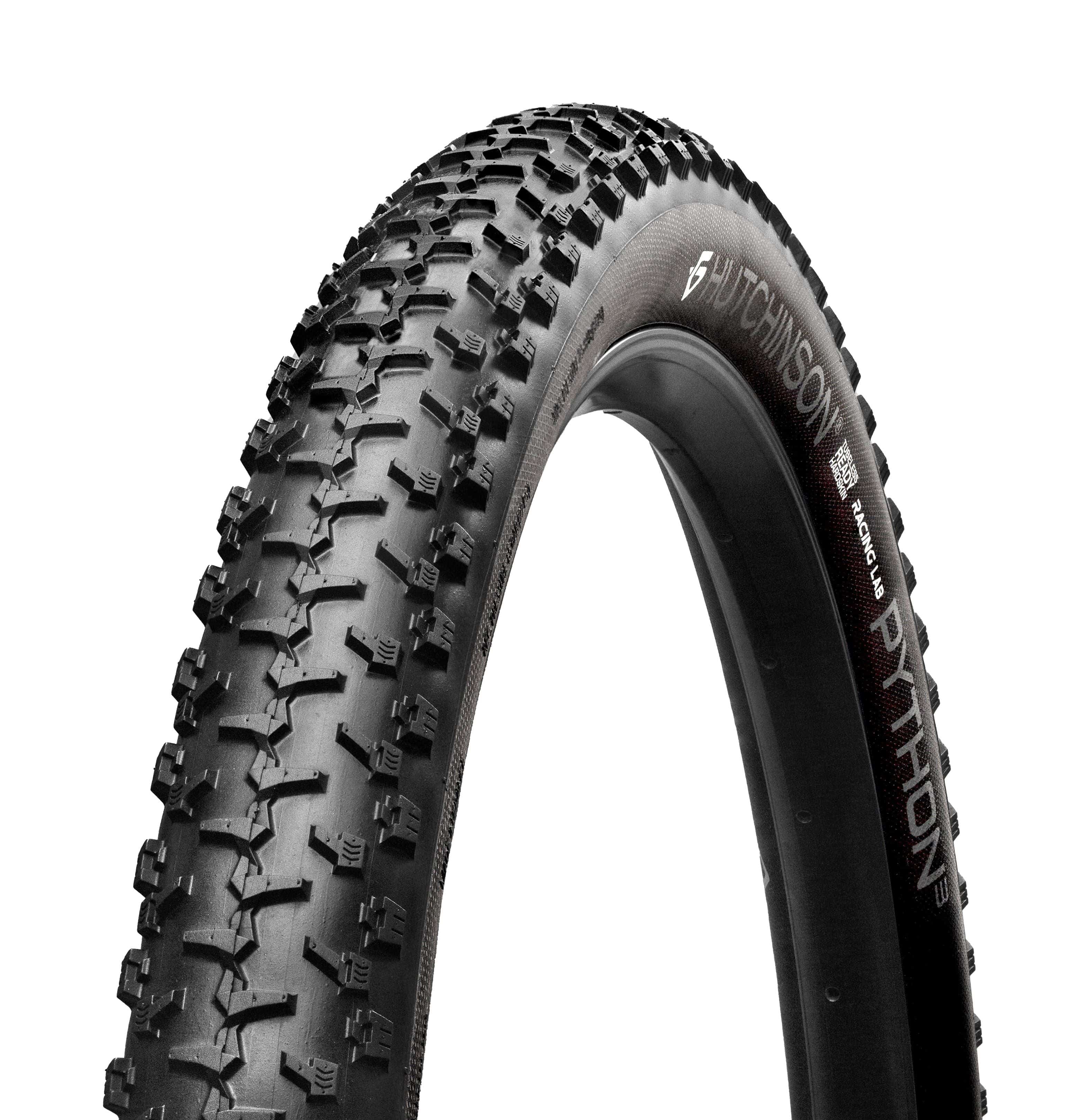 Hutchinson Python 3 Racing Lab MTB tire mounted on a bike wheel, black tubeless-ready mountain bike tire for XC and trail riding.