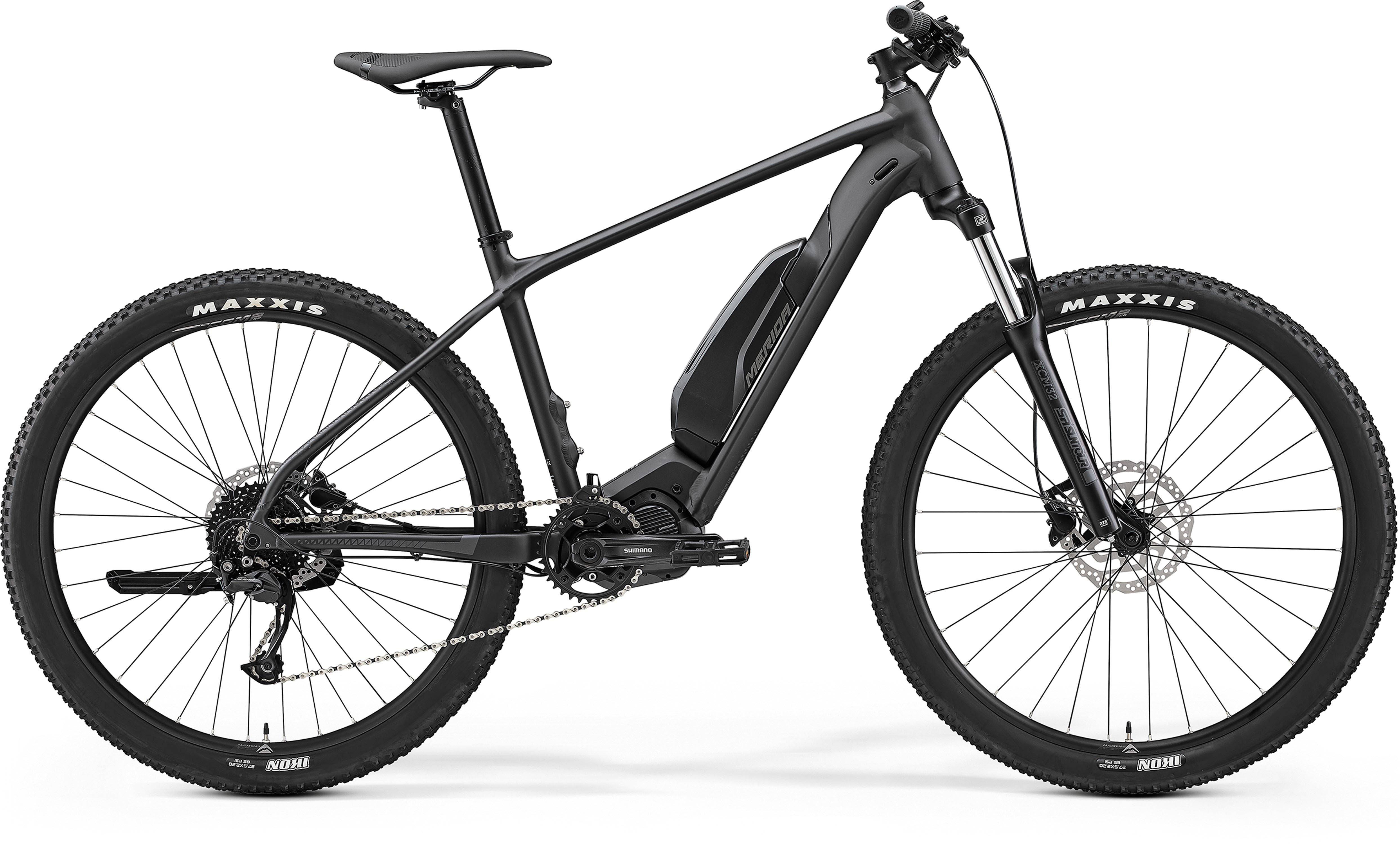 Merida eBig Seven 300SE e-mountain bike with Shimano Deore M3100 gears in black anthracite, featuring a sturdy frame and off-road tires.