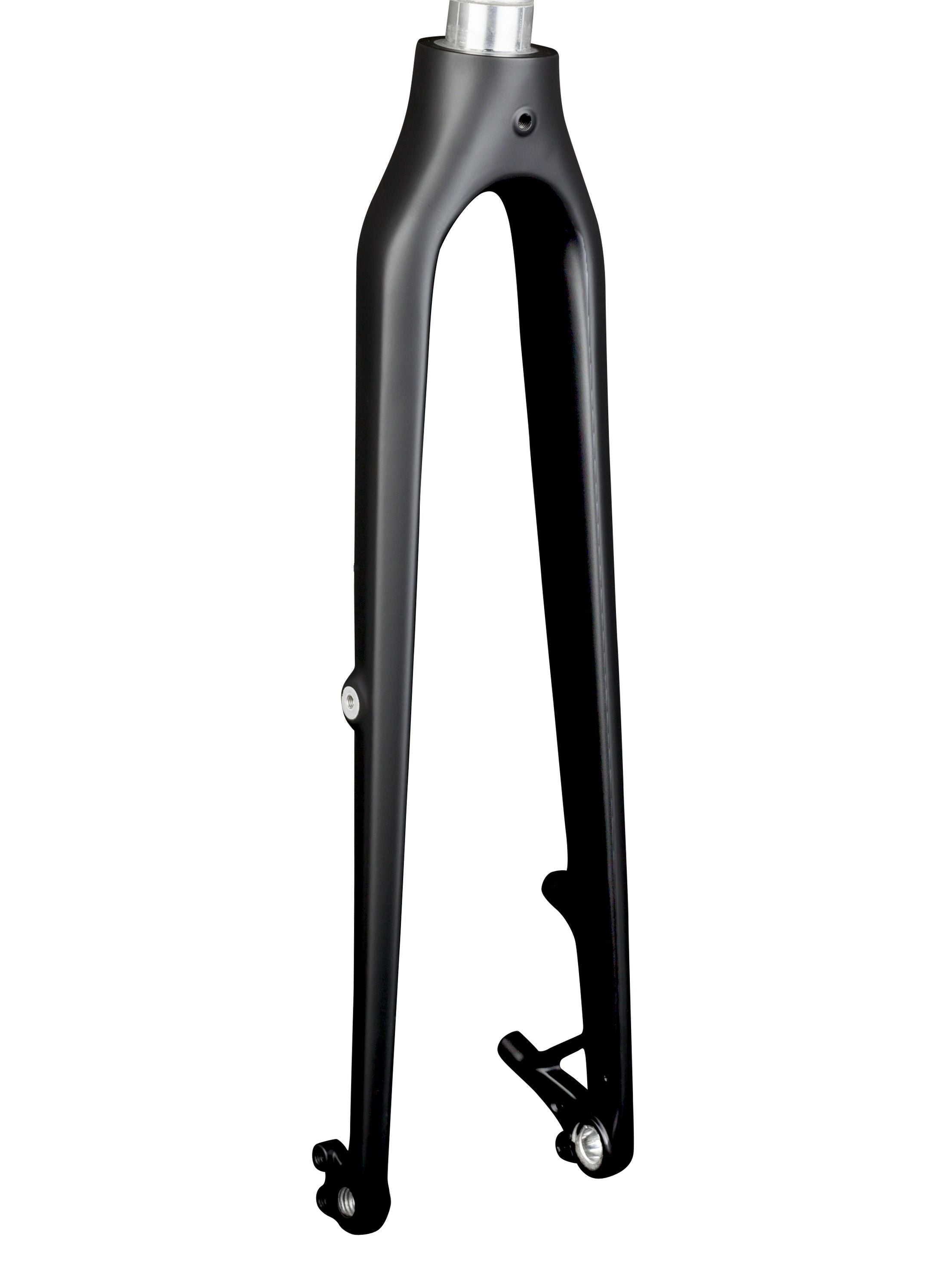 Trek FX 3 Disc black carbon fork with 700c wheels, 318mm length, 50mm offset for pavement bikes, side view.