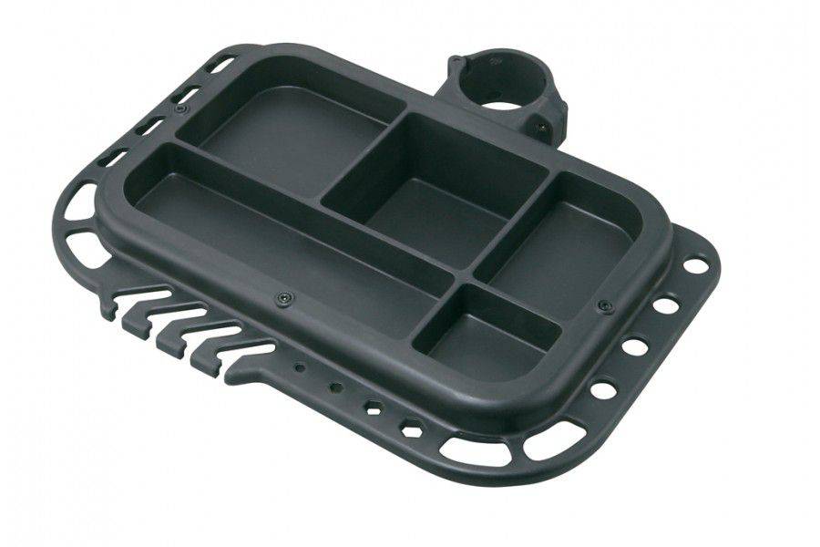 Topeak black and silver tool tray for bike stands, organizing small tools and parts with a durable accessory for cycling maintenance.