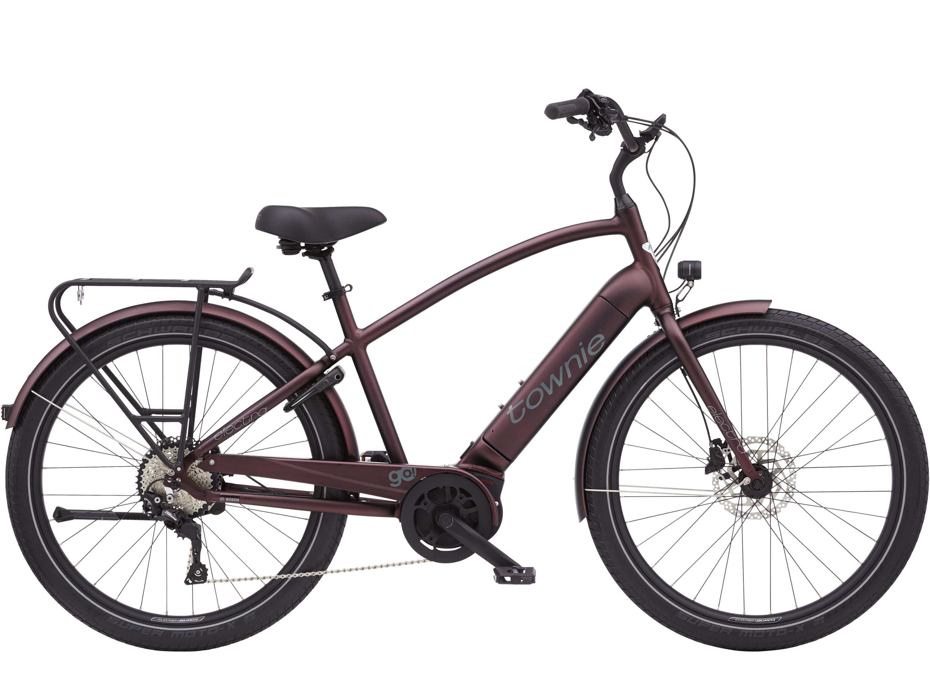 Electra Townie Path Go! 10D EQ e-hybrid bike with Bosch motor, step-over frame, and 27.5-inch tires on a city street.
