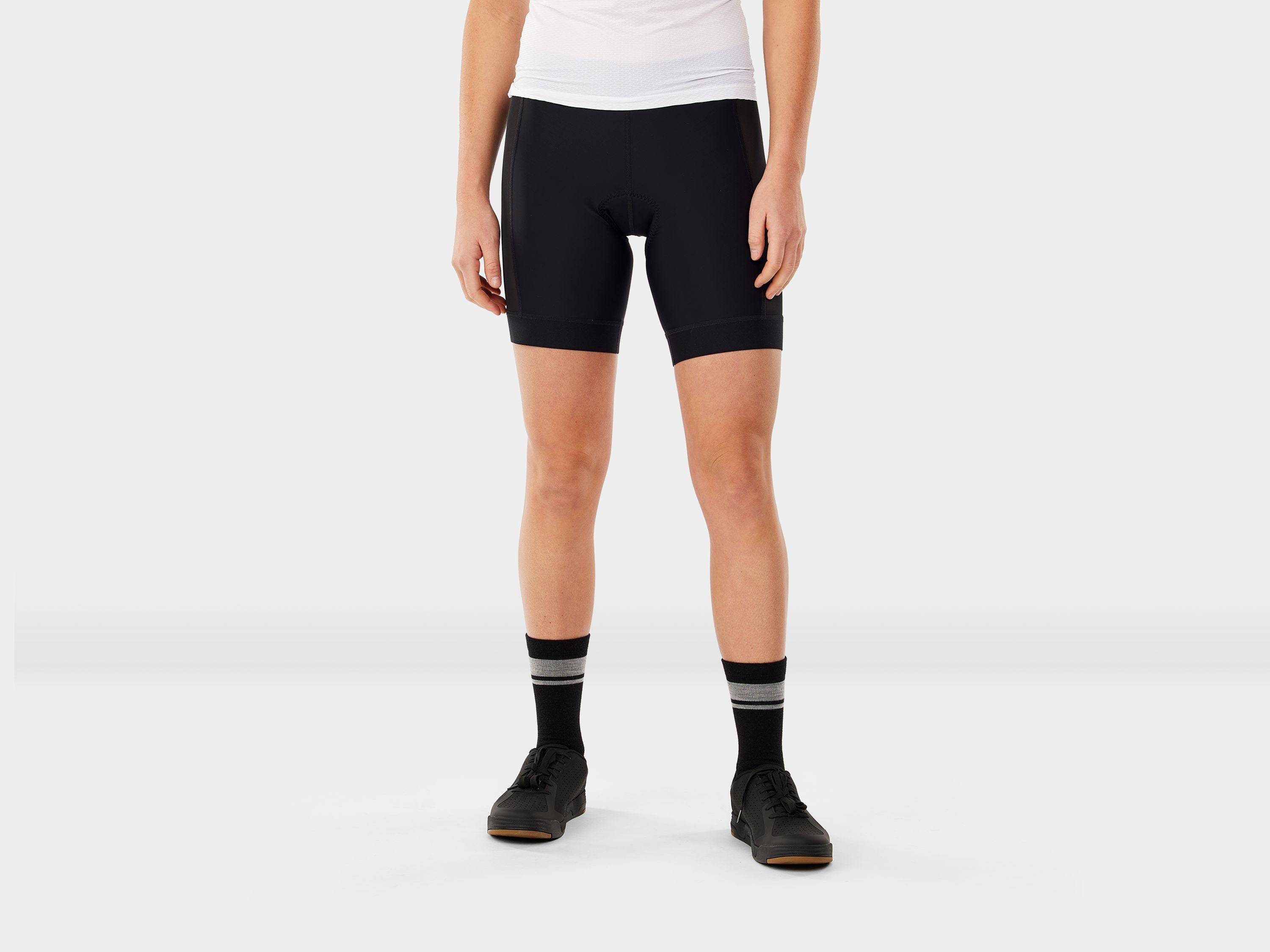 Trek Troslo women's cycling liner shorts with dual-density pad for comfort, shown on a model with a focus on fit and fabric.