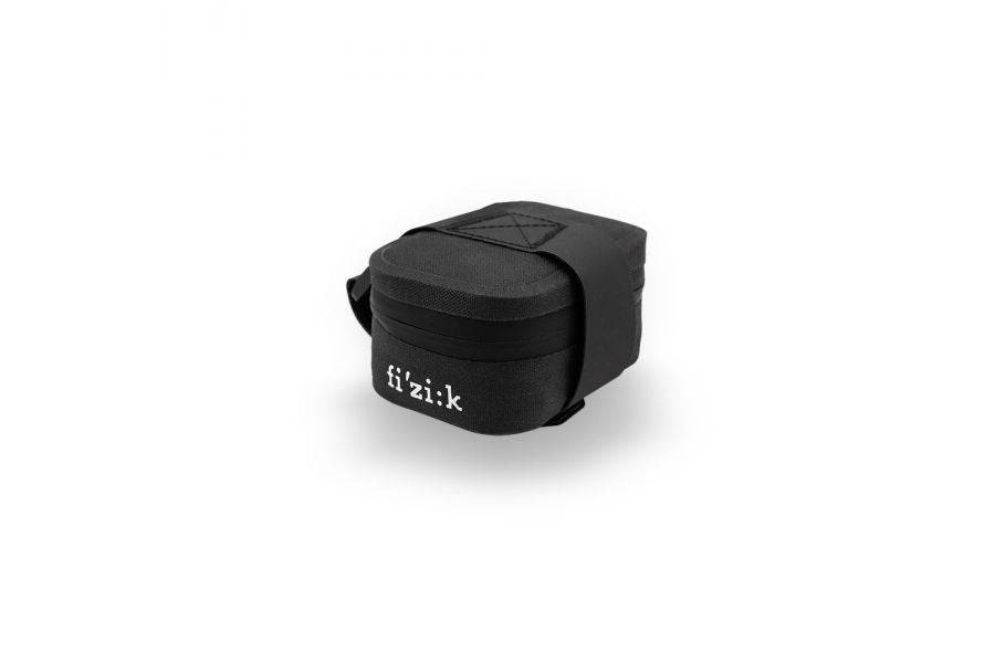 Fizik black waterproof cycling saddle bag with velcro attachment for secure storage on bike saddle.