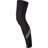 Mavic Cosmic H2O water-repellent cycling leg warmers designed for cold weather, shown on a cyclist's legs.