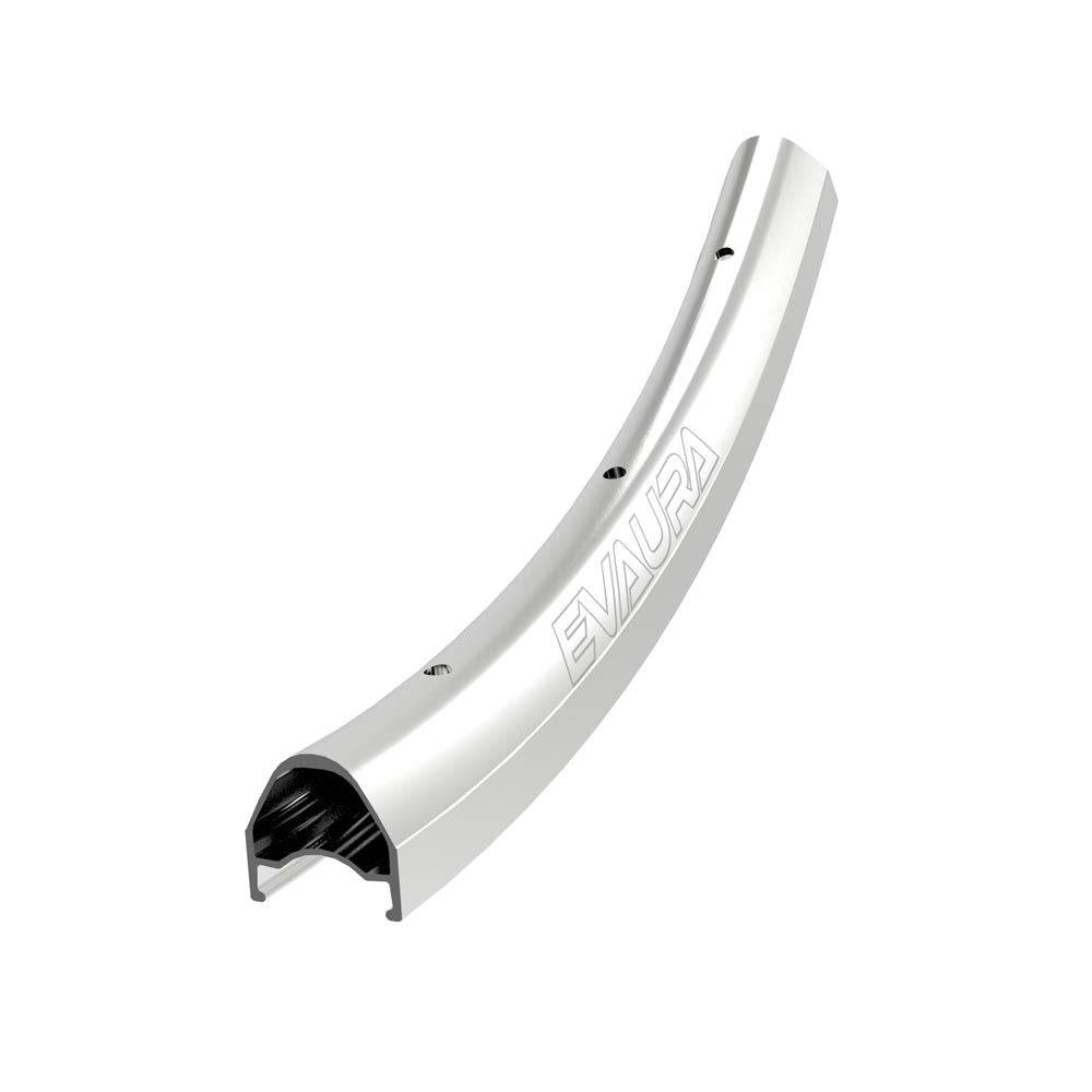 Halo Evaura 700C alloy road bike rims with disc and rim brake compatibility, showcasing sleek, durable cycling component design.