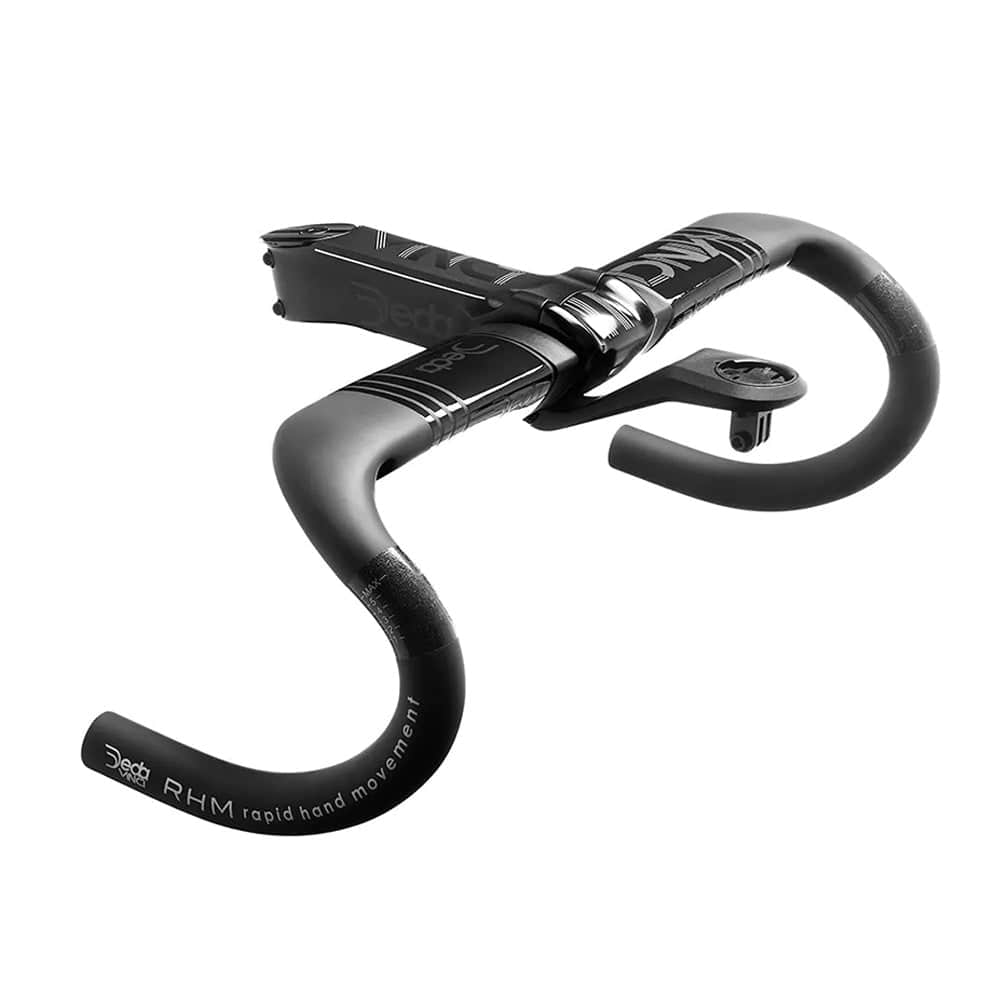 Deda Vinci DCR Road Handlebar with internal cable routing and aerodynamic design, shown with sleek black finish and curved bars.
