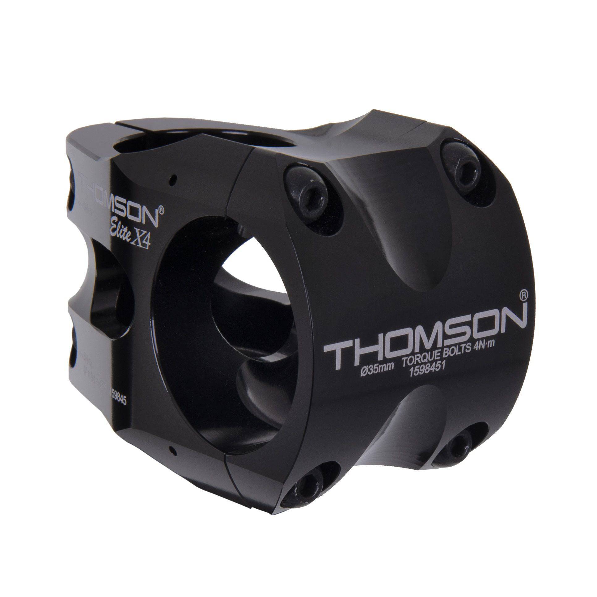 Thomson Elite X4 35mm mountain bike stem showing polished aluminum construction and mounting bolts for improved steering control.