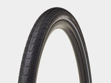 Bontrager H2 Hard-Case Lite tire with puncture protection and reflective sidewalls, mounted on a bicycle wheel.
