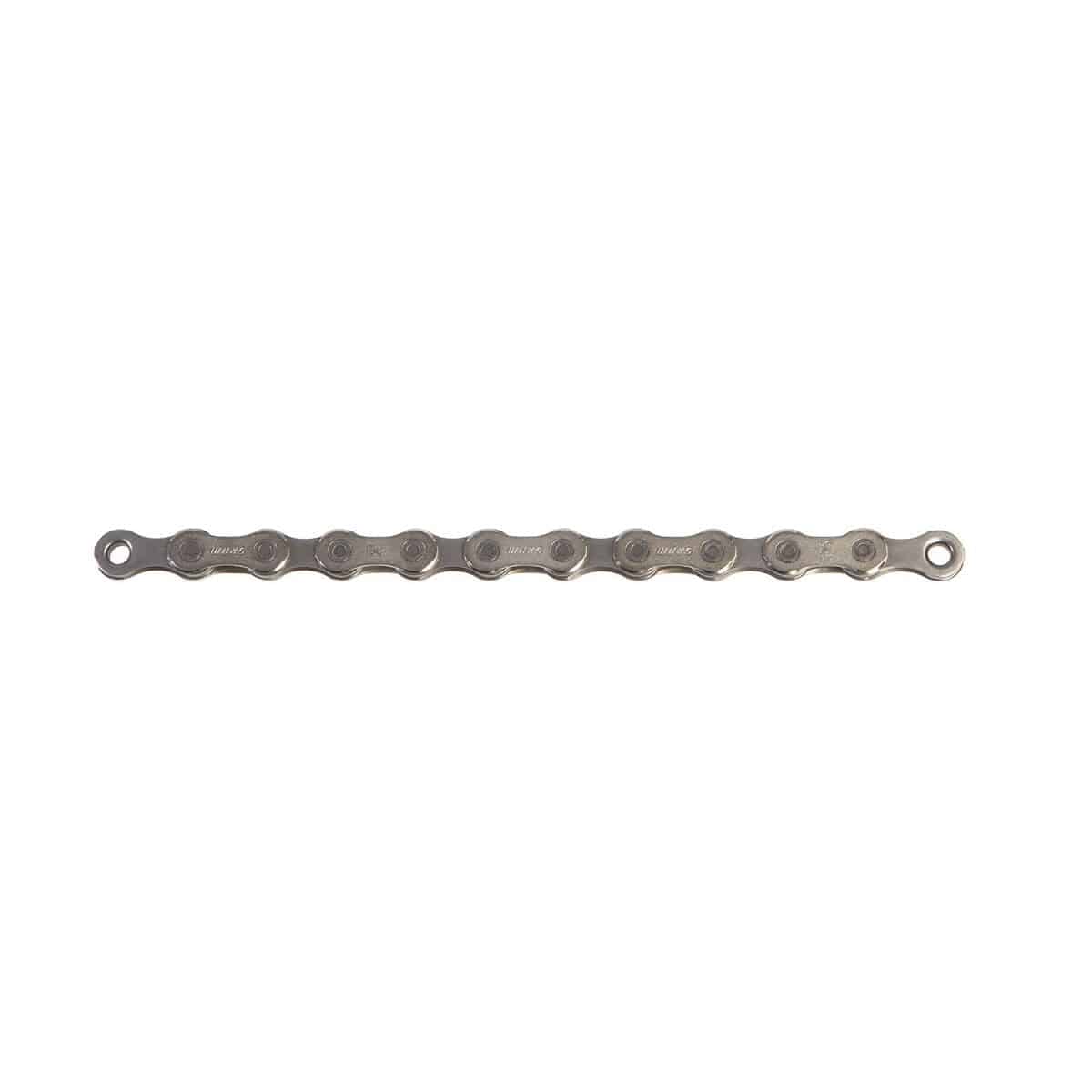 Silver SRAM PC1051 10-speed bike chain with 114 links and PowerLock connector, designed for smooth shifting and durable performance.