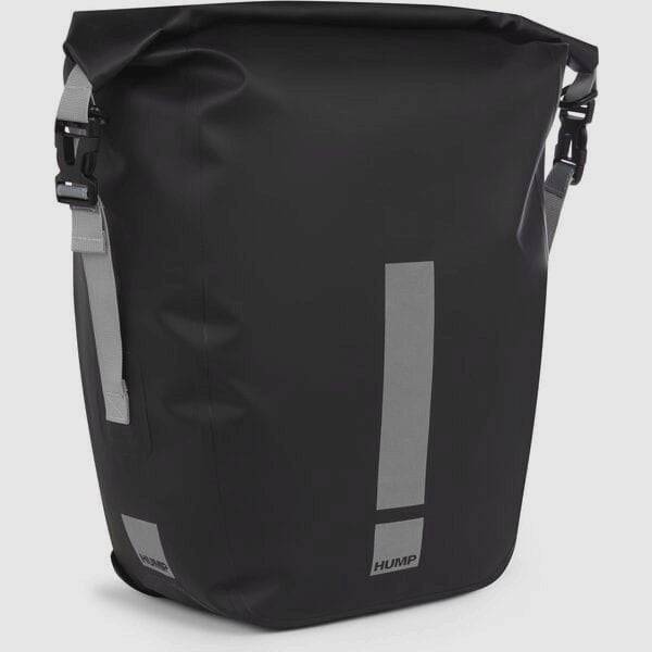 HUMP Reflective Waterproof 30L single pannier bag with quick-release mount system, designed for bike accessories.