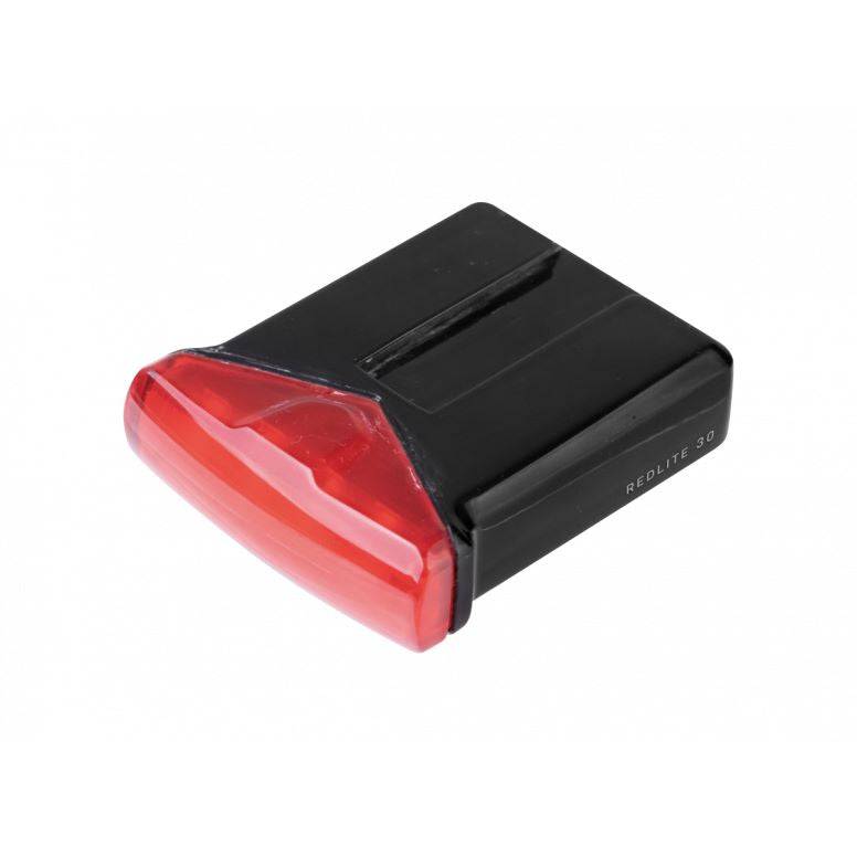 Topeak Redlite 30 black USB rechargeable rear bike light with 30 lumens, waterproof IPX6, mounted on a bicycle.