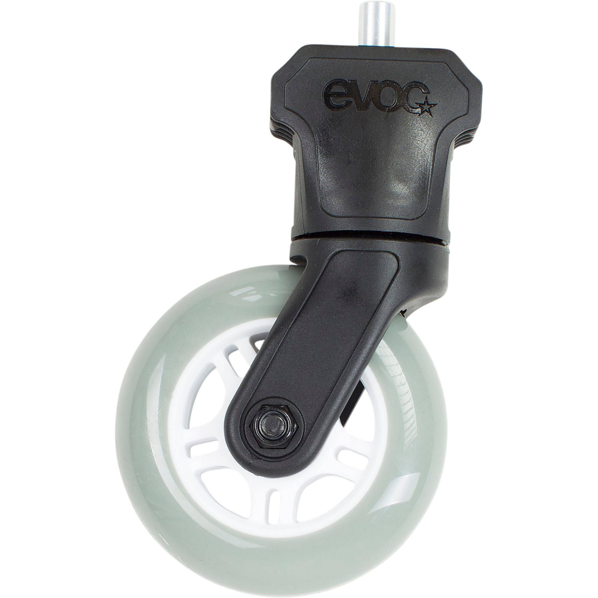 Black EVOC Clip On Wheel 1 Pin Version 2022 accessory for bike bag pro, shown attached to a bicycle bag.