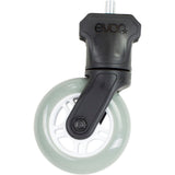 Black EVOC Clip On Wheel 1 Pin Version 2022 accessory for bike bag pro, shown attached to a bicycle bag.