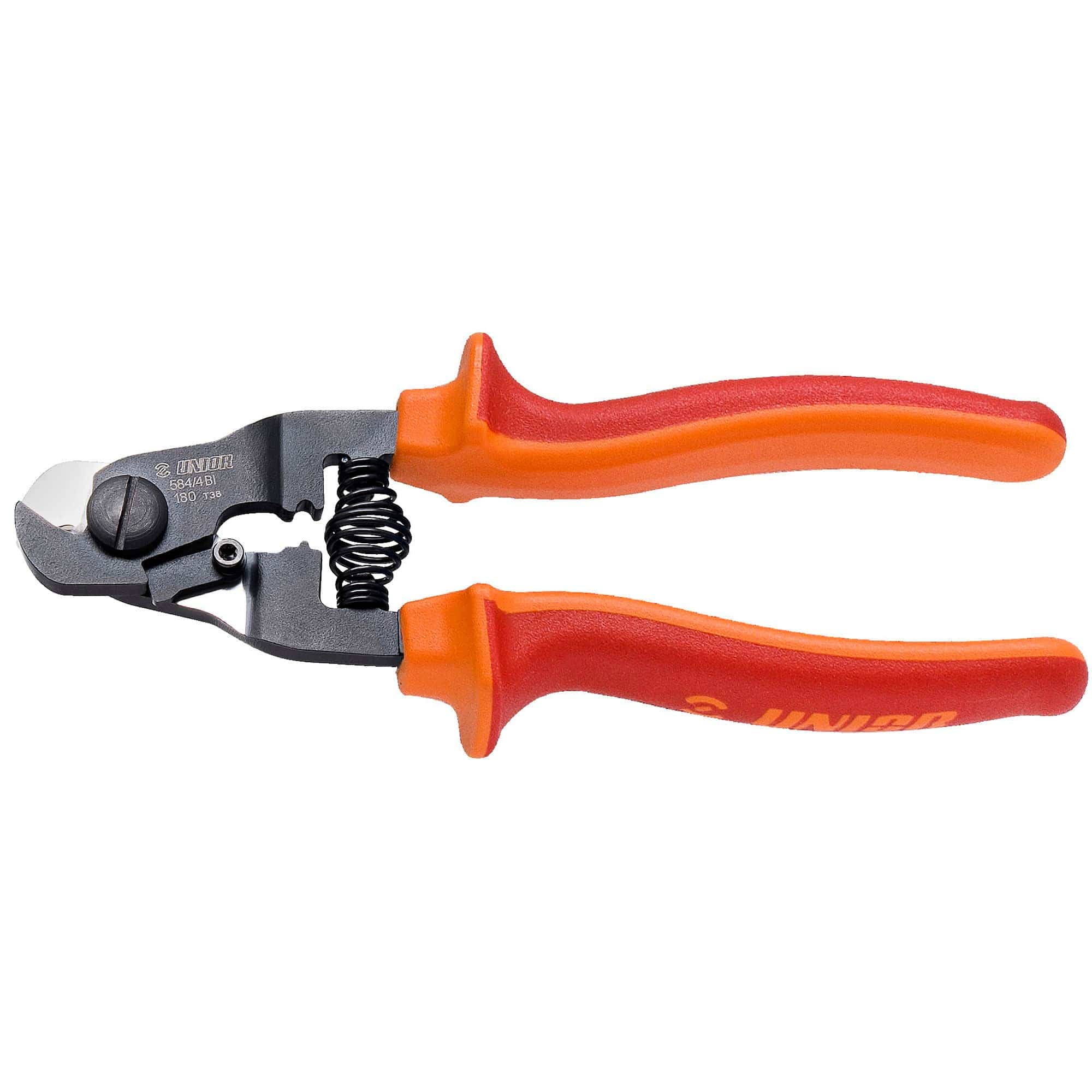 UNIOR 180mm red cable housing cutters with crimping function and locking mechanism for workshop use.