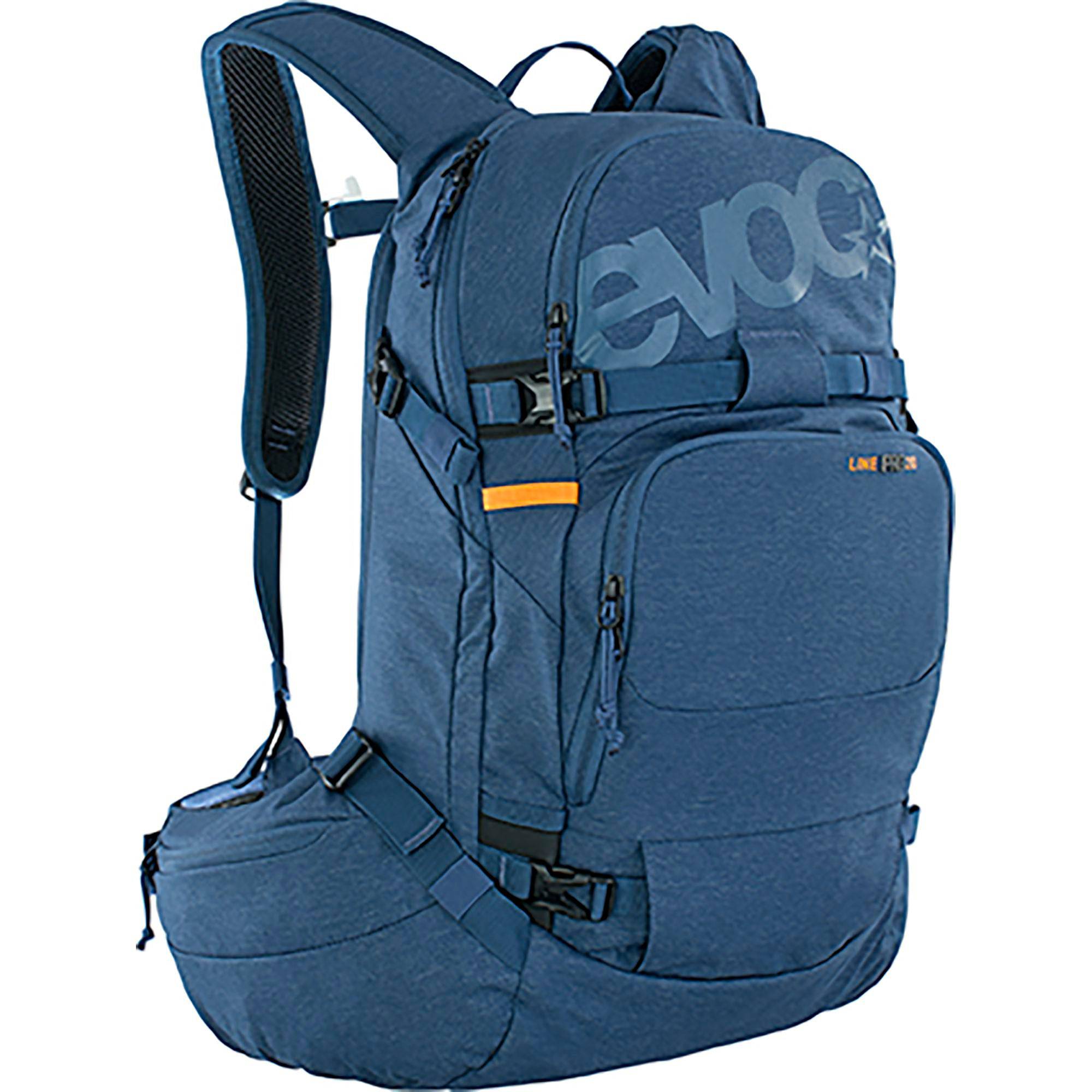 EVOC Line Pro backpack with LITESHIELD PLUS spinal protection and ski/snowboard attachments, outdoor sports accessories