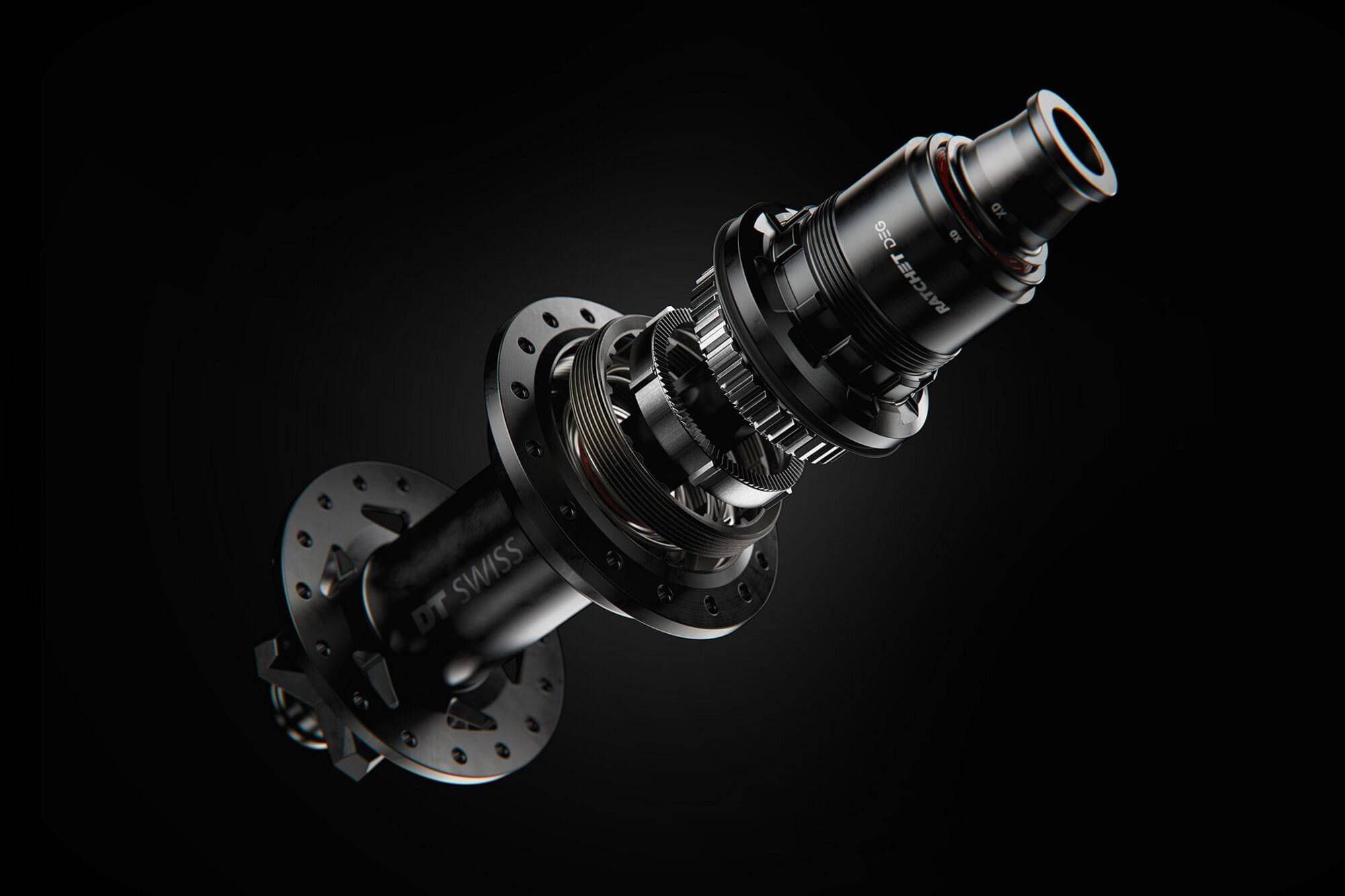DT Swiss 90 Tooth DEG DF upgrade kit for ratchet hubs, featuring adjustable float suspension, shown with components and packaging.