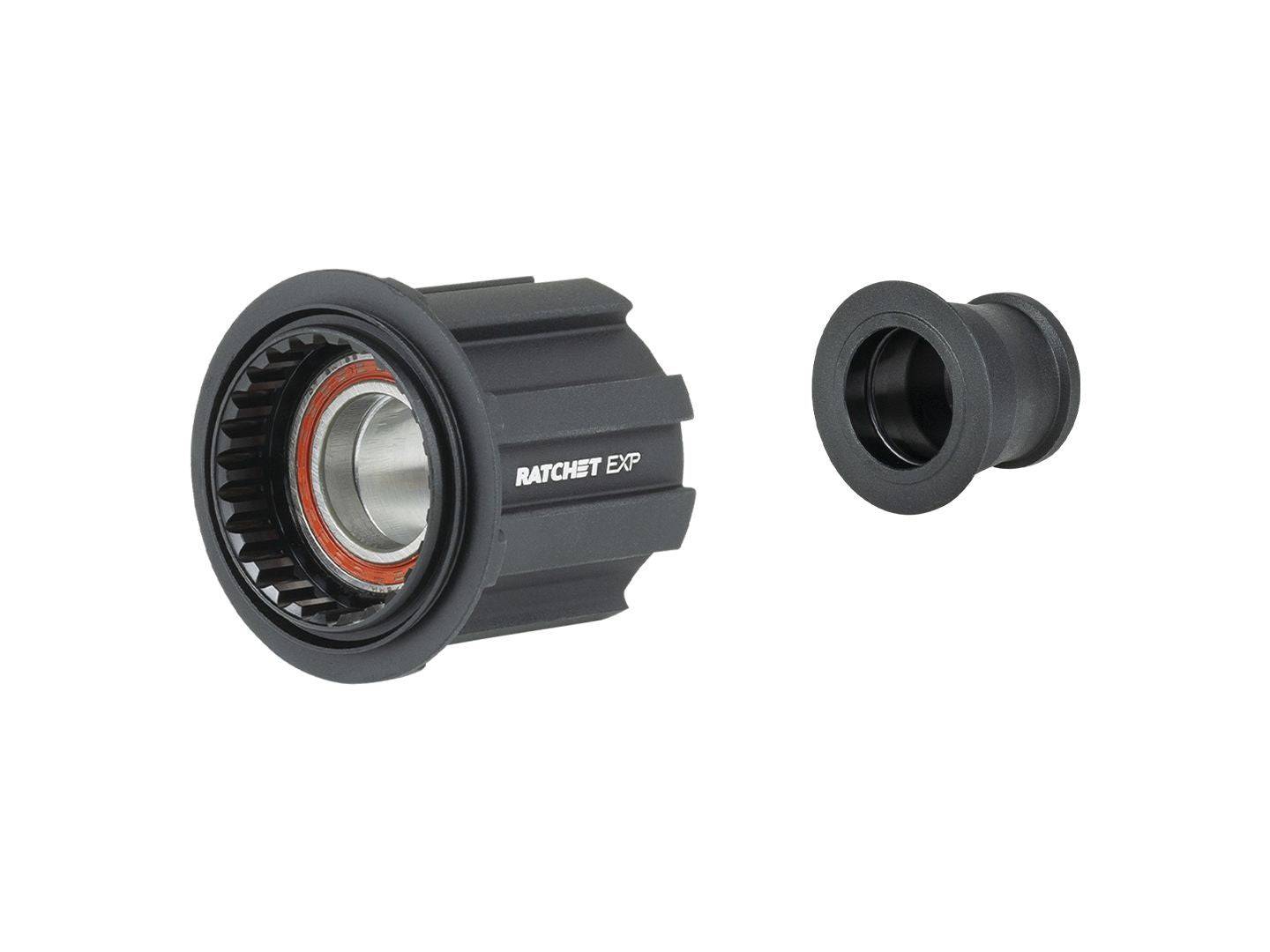 Bontrager Ratchet EXP Campagnolo N3W freehub in black with 142mm OLD, compatible with cassette, cycling hub component.