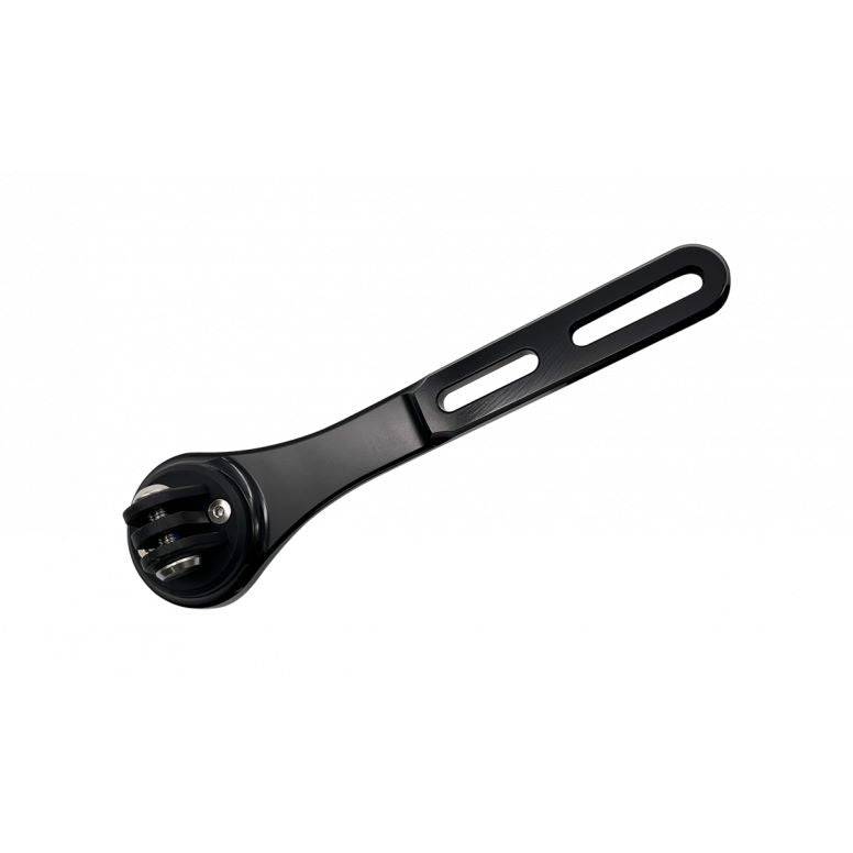 Moon Sport M-06 black integrated bar stem mount for Garmin, Wahoo, and GoPro devices, shown attached to a bike handlebar.