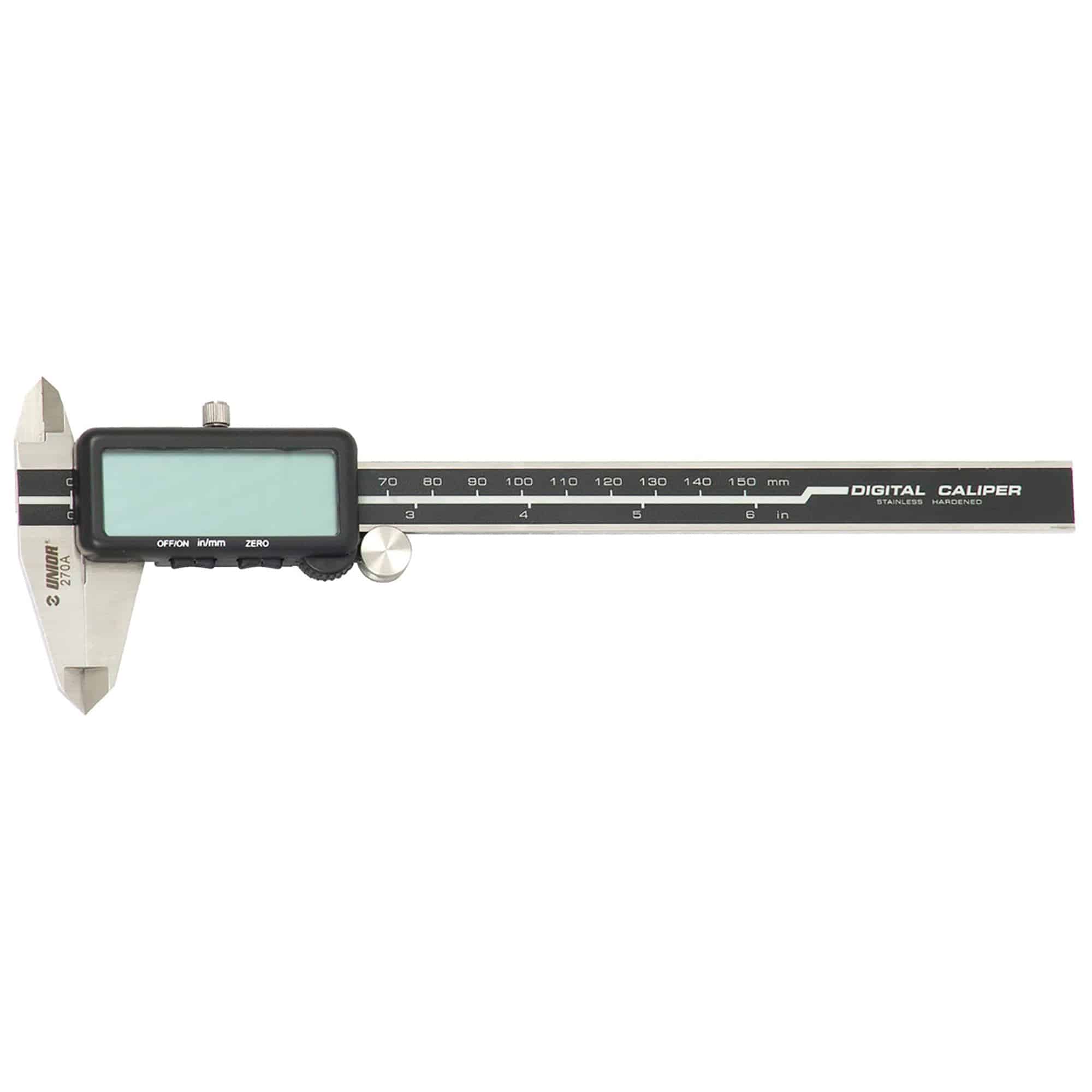 UNIOR digital calliper measuring 0-150mm with dual scale for precise workshop measurements, DIN 862 standard.