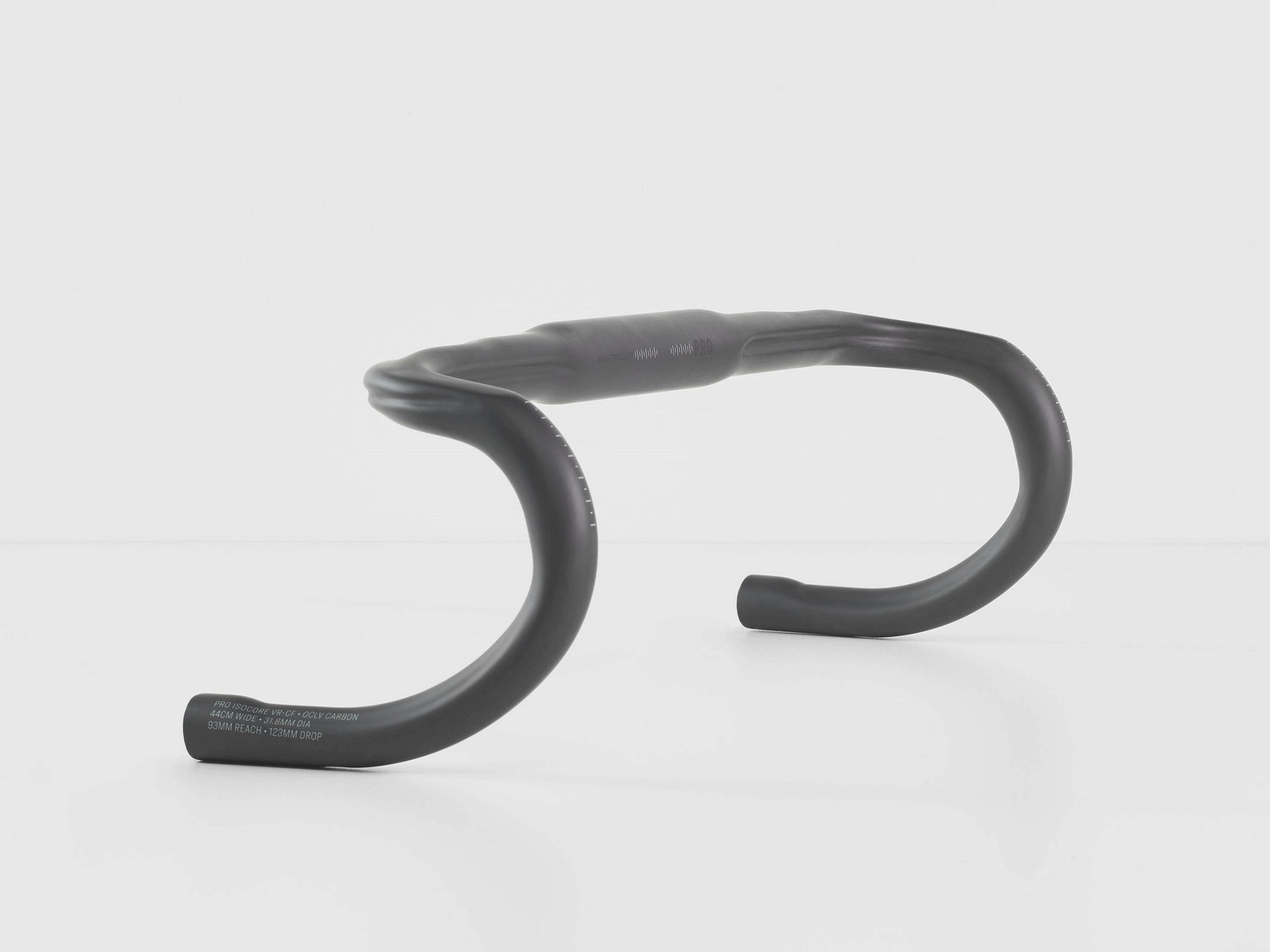Bontrager Pro Isocore VR-CF Carbon Road Handlebar with IsoCore vibration reduction, showing sleek black carbon design and ergonomic shape.