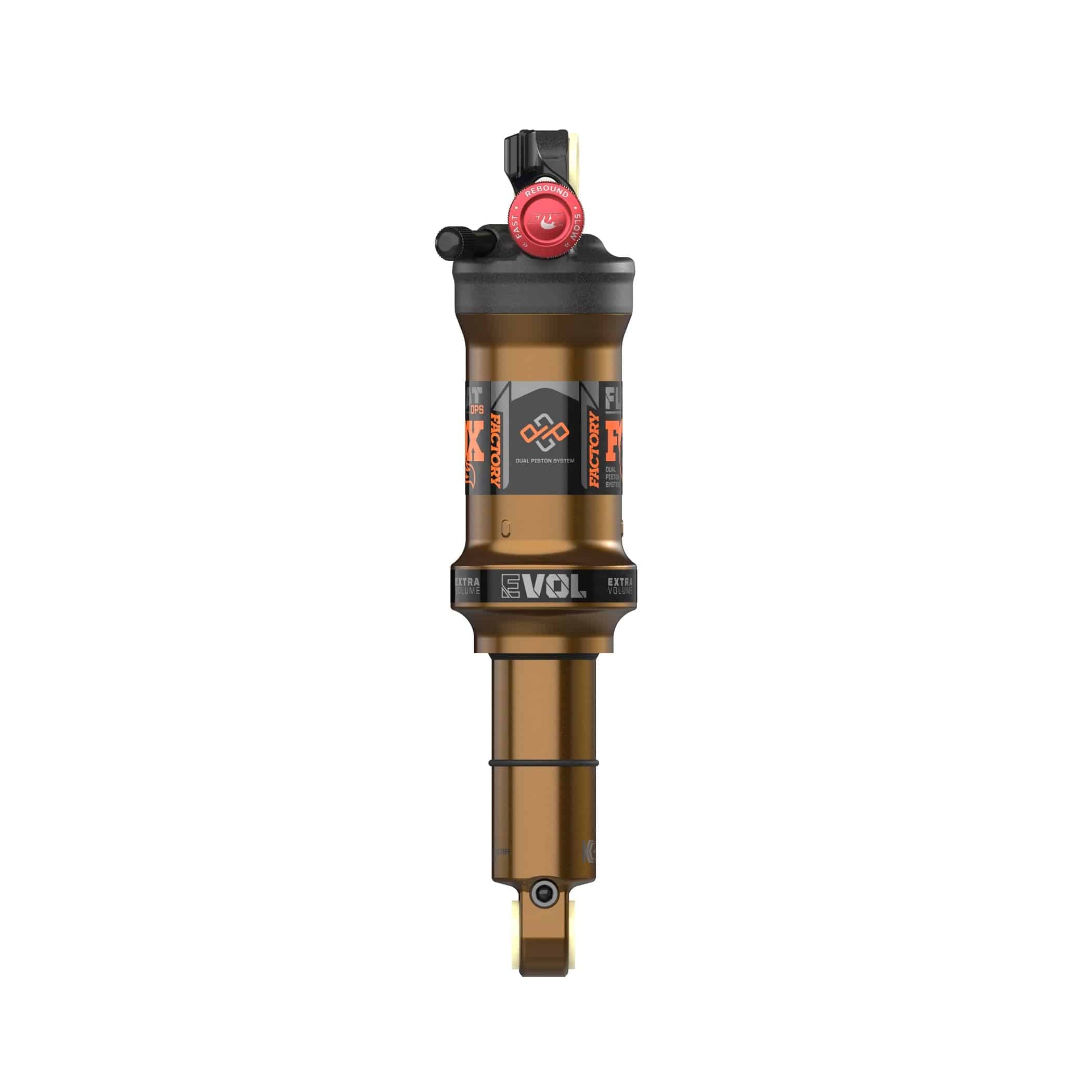 Fox Float DPS Factory remote rear shock with Kashima coating and 3-mode suspension for mountain bikes, showing the shock's sleek design.
