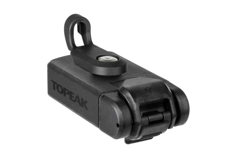 Topeak Ninja Master+ Toolbox PT30 black compact bike tool storage in a bottle cage, featuring multiple compartments and tools.