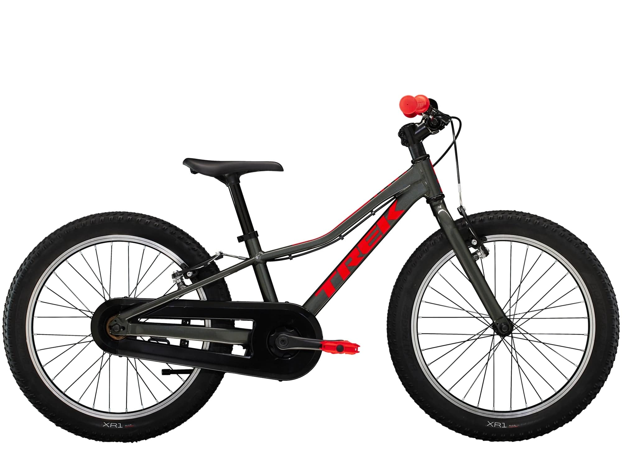 Trek Precaliber 20 kids' mountain bike with integrated handle, suitable for trail riding, featuring a sturdy frame and colorful design.