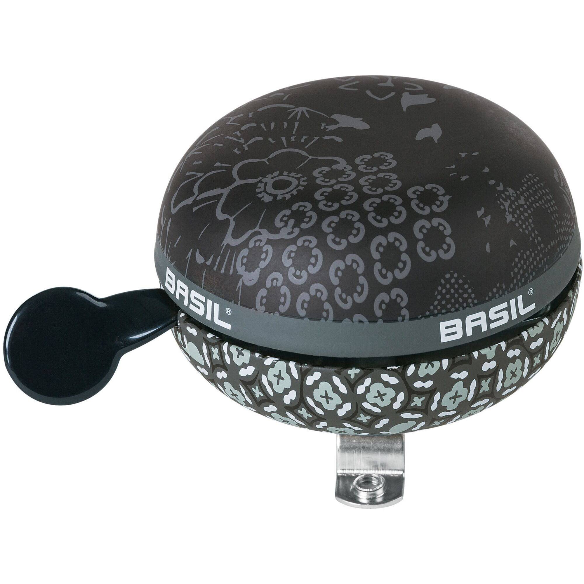 Basil Bohème 80mm charcoal bicycle bell with stylish design and loud sound, mounted on a bike handlebar.
