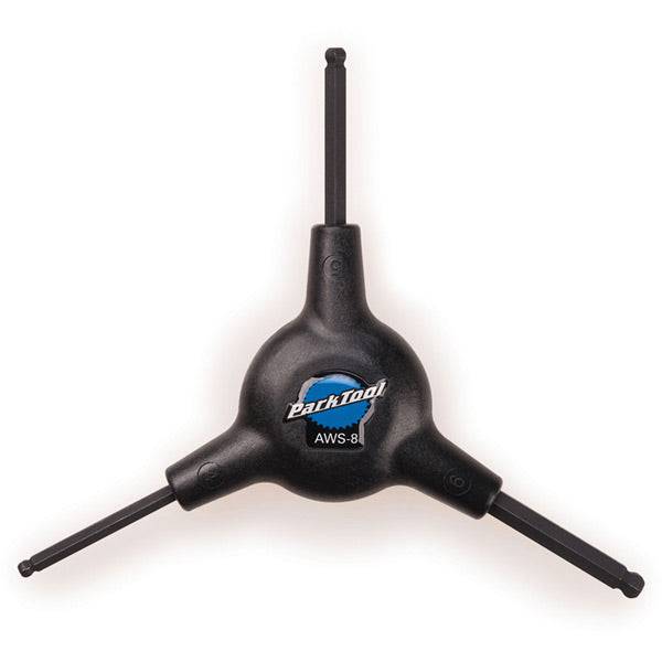 Park Tool AWS-8 ball driver hex wrench set with 4mm, 5mm, and 6mm ergonomic workshop tools, shown in a workshop setting.