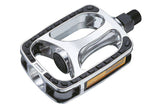 System EX DP450 silver and black bike pedals with CNC CroMo spindles and reflectors, showing close-up of durable bike component