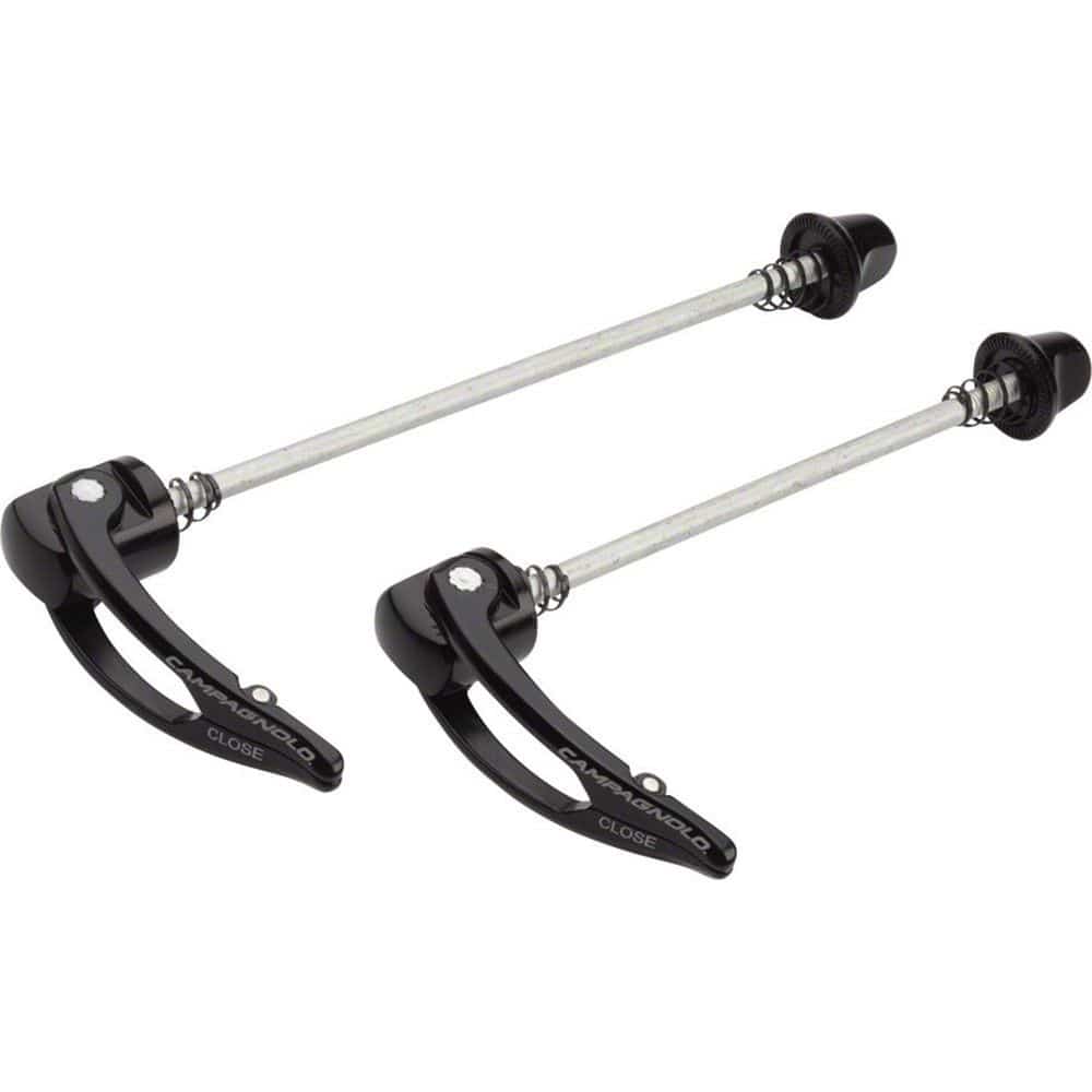 Black Campagnolo quick release skewers for Bora Ultra and Hyperon wheels, pair of bike wheel components.