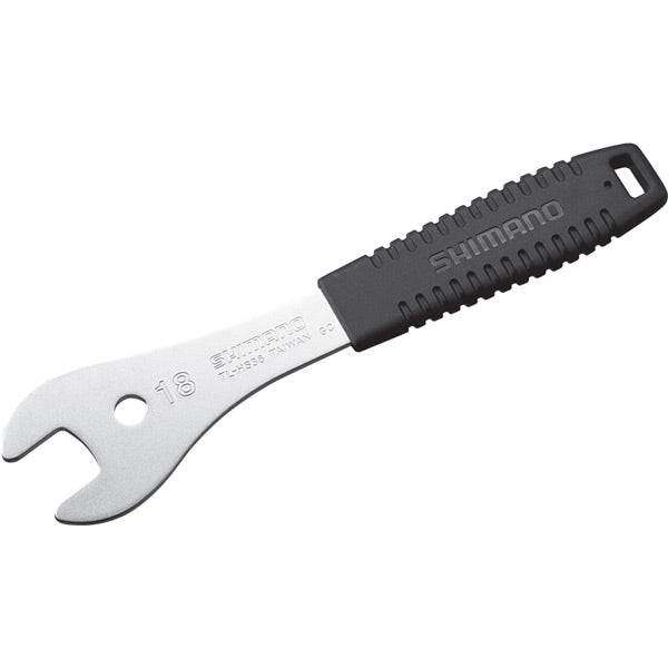 Shimano Workshop TL-HS38 18mm cone spanner for bike cone nut adjustment, genuine Shimano bike tool, used in workshop settings.
