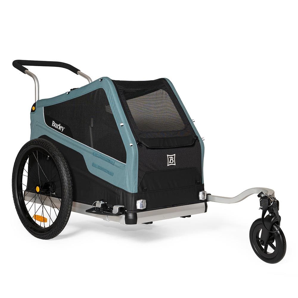 Burley Bark Ranger pet trailer with stroller kit, showing its sturdy frame and pet entry door for bike and walking adventures.