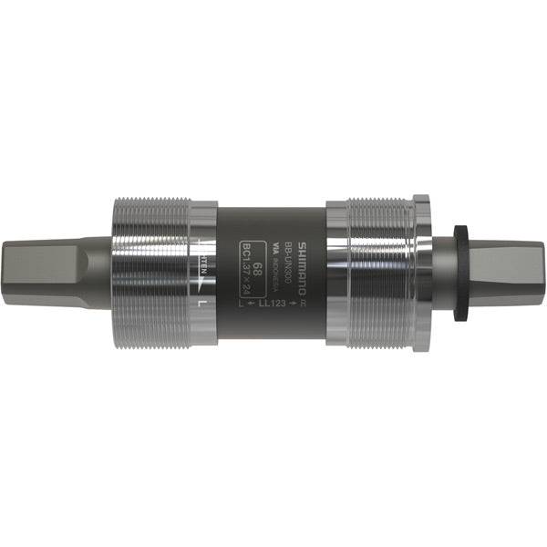 Shimano UN300 BS sealed cartridge bottom bracket for square taper chainsets, shown installed on a bicycle crankset.
