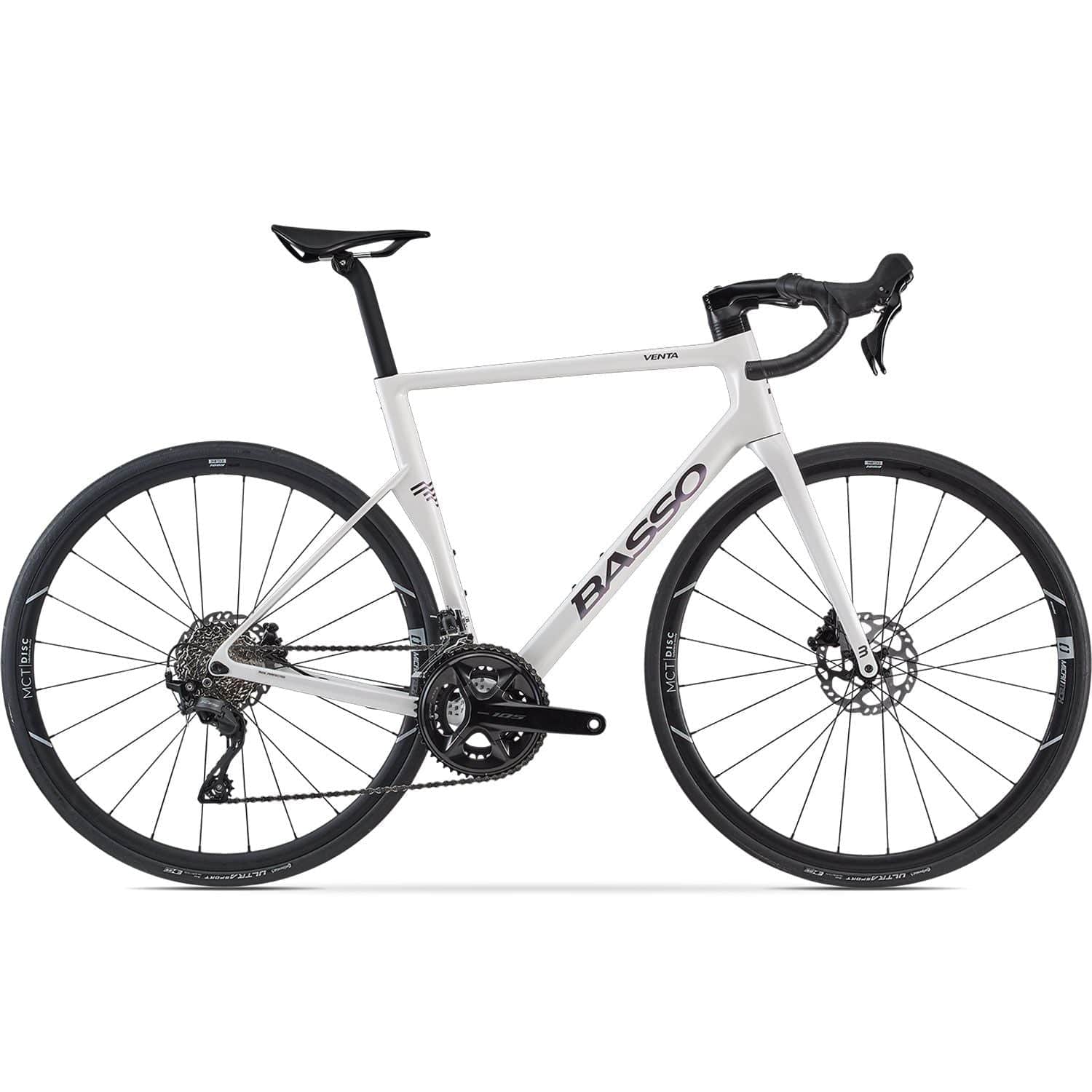 Basso Venta R 105 12-speed Microtech road bike with lightweight frame and sleek design, showcasing Italian craftsmanship.
