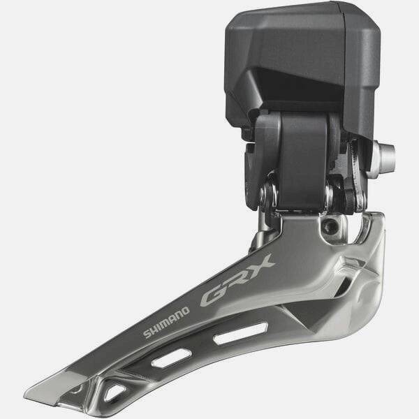 Shimano GRX FD-RX825 Di2 12-speed double front derailleur braze-on gravel bike component, showing the mechanical parts and branding.