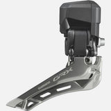 Shimano GRX FD-RX825 Di2 12-speed double front derailleur braze-on gravel bike component, showing the mechanical parts and branding.