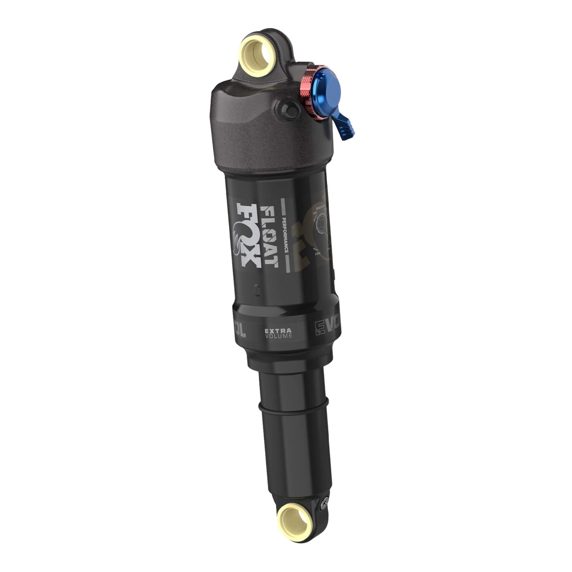 Fox Float Performance rear shock for trail and e-MTBs, showing adjustable 2-position damping, with a sleek black finish and mounting hardware.