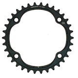 Campagnolo Potenza 36T black chainring for road bike transmission system, showcasing the component's design and gear teeth.