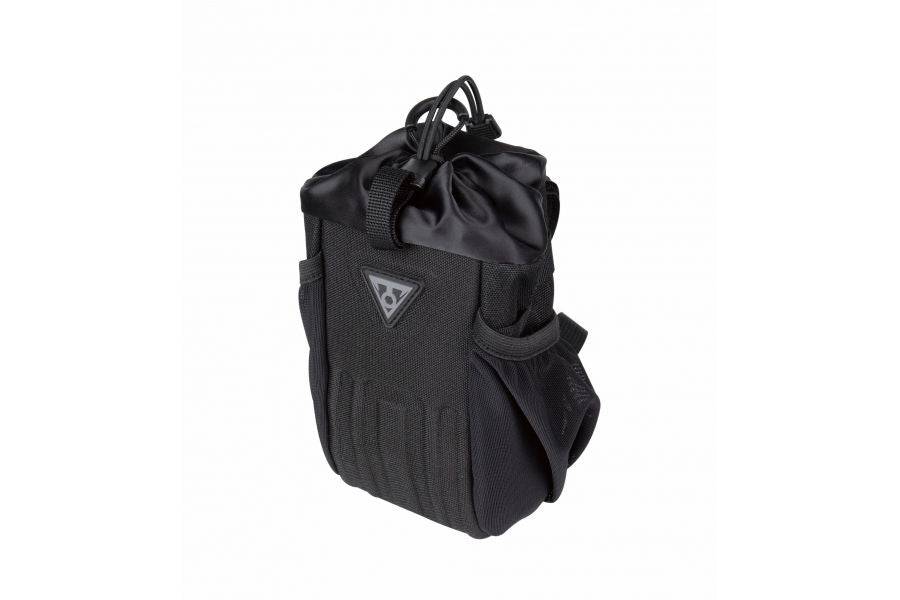 Topeak Freeloader black stem bag for cycling essentials with mesh pocket, mounted on a bicycle handlebar.